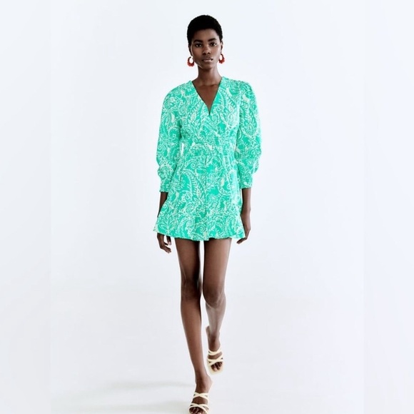 NWOT Zara Linen Blend Tropical Print Ruffled Dress Green 3/4 Sleeve Size M - Picture 6 of 13